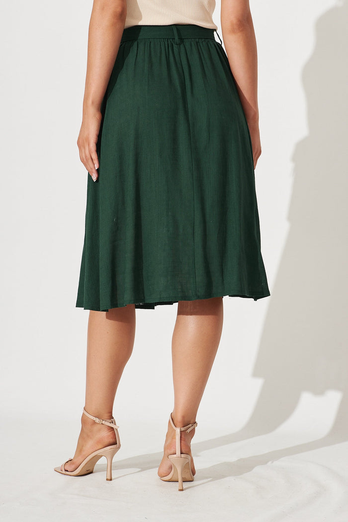 Bailey Midi Skirt In Emerald Linen - back