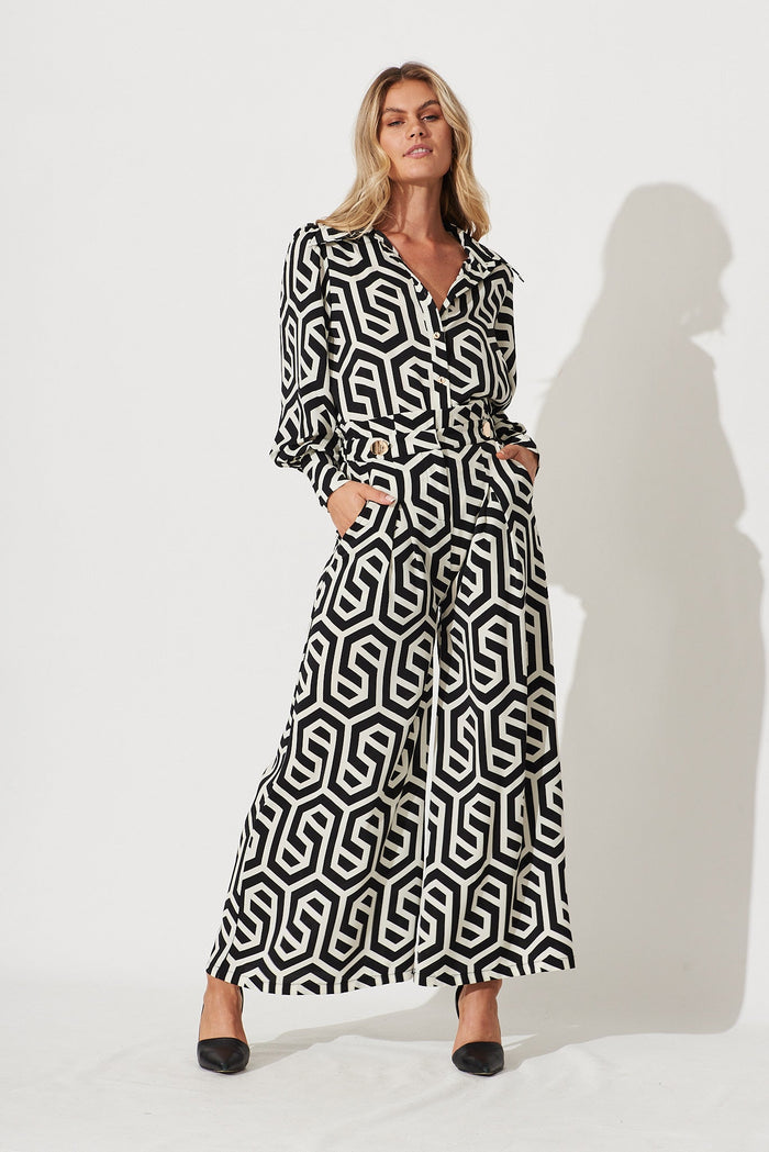Saint Lucia Shirt In Black With Cream Geometric Print - full length