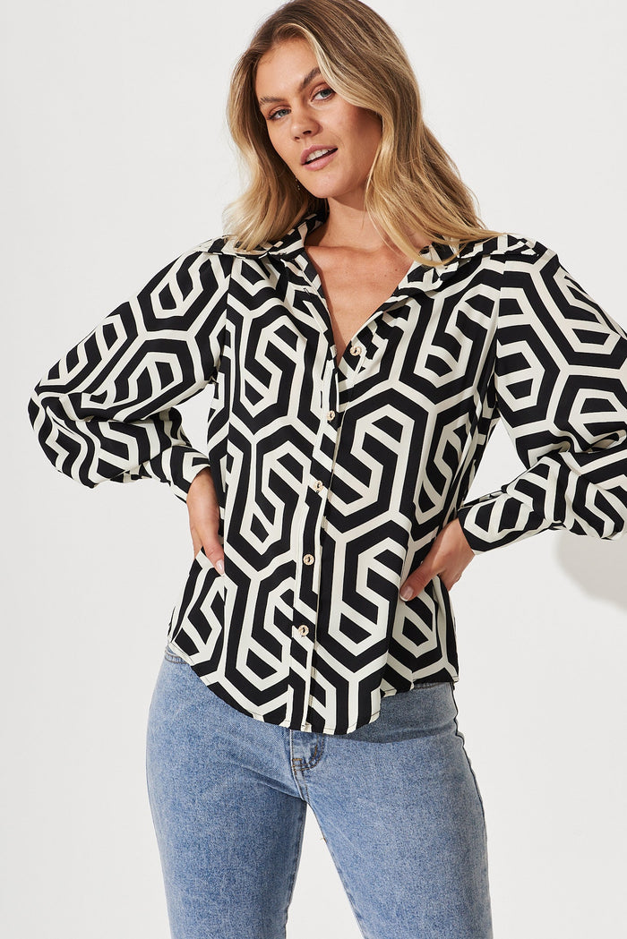 Saint Lucia Shirt In Black With Cream Geometric Print - front