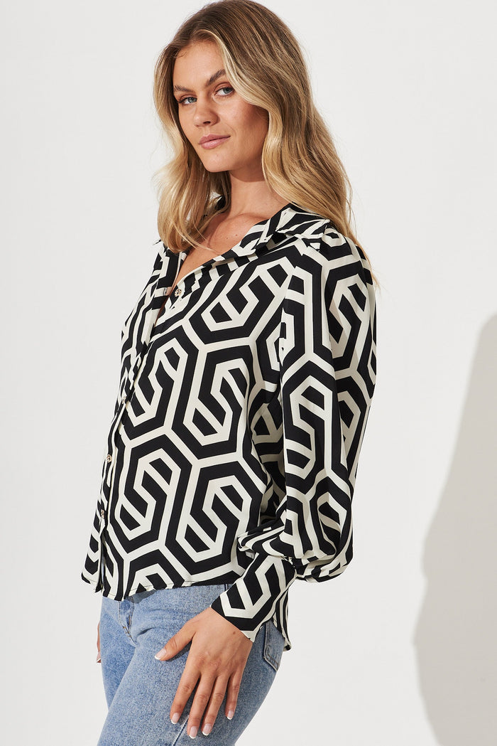 Saint Lucia Shirt In Black With Cream Geometric Print - side