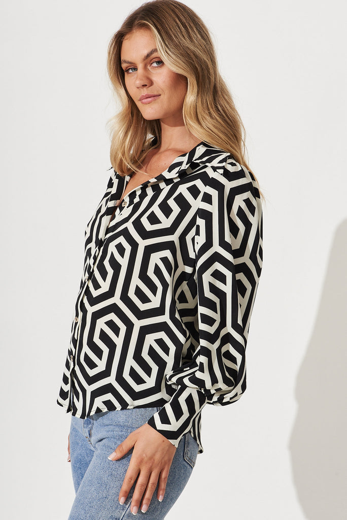 Saint Lucia Shirt In Black With Cream Geometric Print - side