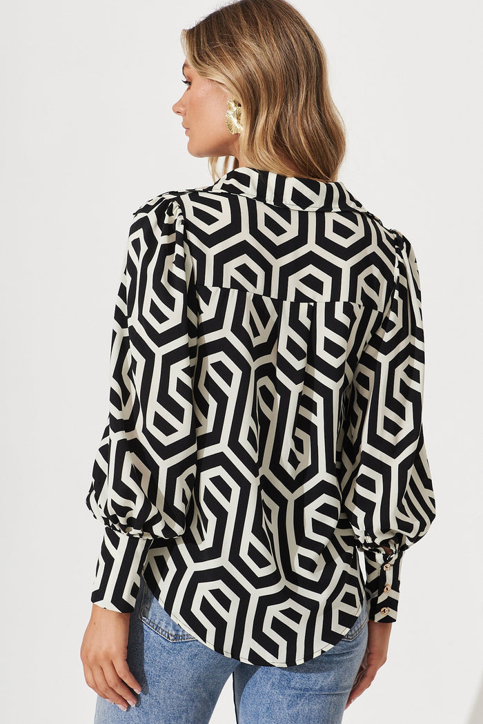 Saint Lucia Shirt In Black With Cream Geometric Print - back