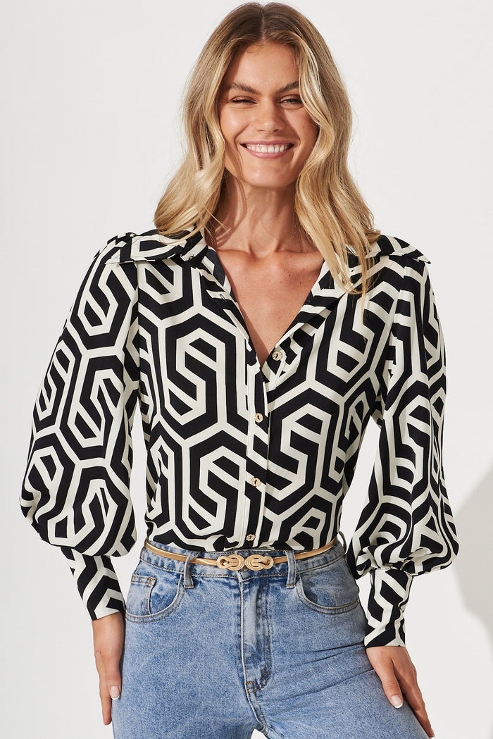 Saint Lucia Shirt In Black With Cream Geometric Print - front