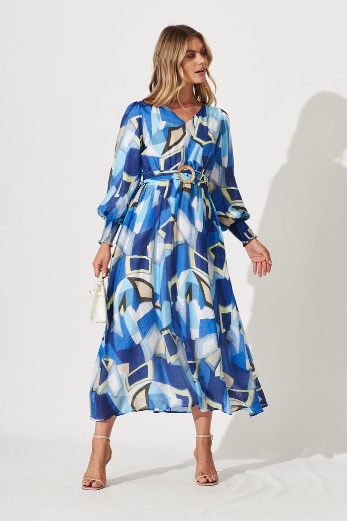 Lyford Maxi Dress In Blue Geometric Print - full length