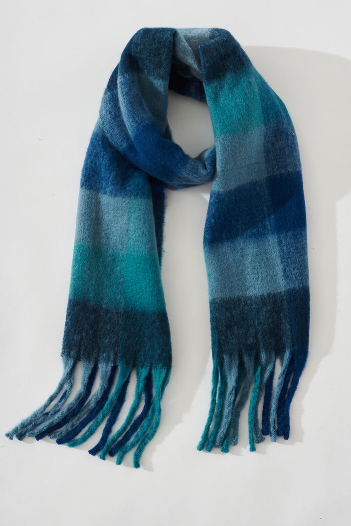 August + Delilah Brooklyn Knit Scarf In Multi Dark Blue Check - flatlay