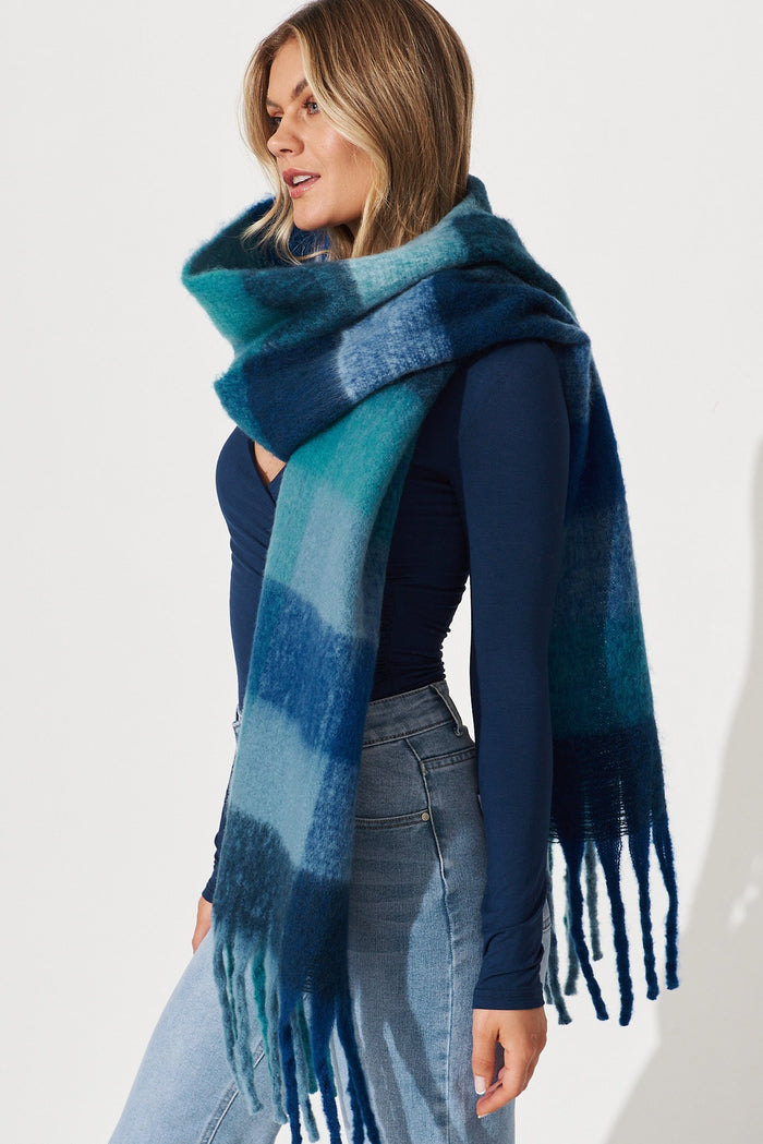 August + Delilah Brooklyn Knit Scarf In Multi Dark Blue Check - side