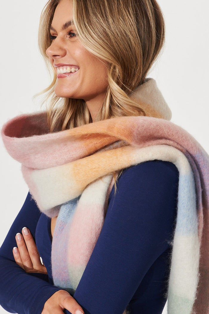 August + Delilah Brooklyn Knit Scarf In Multi Pastel With Pink And Blue Check - detail