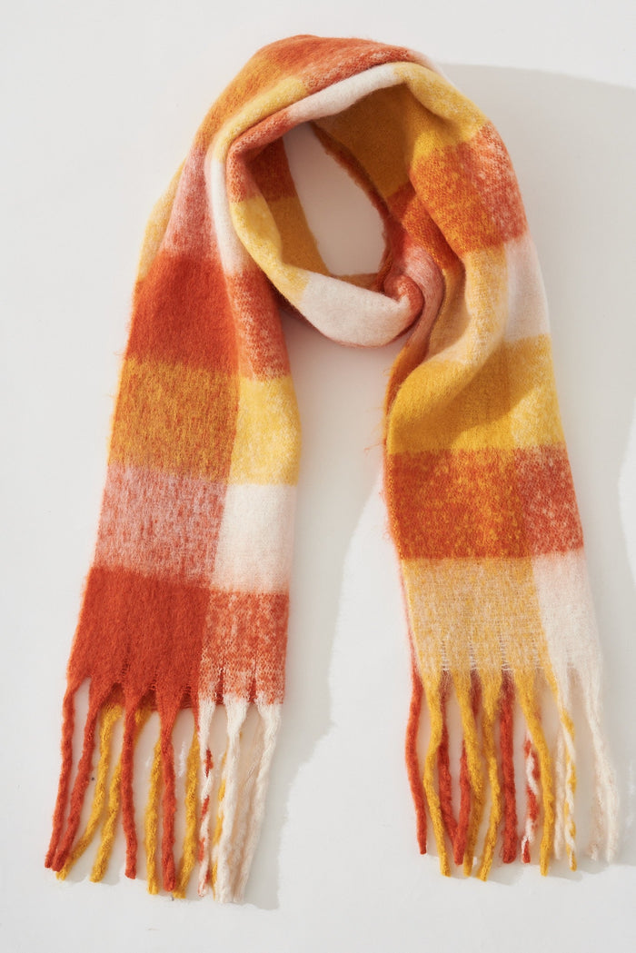 August + Delilah Brooklyn Knit Scarf In Multi Tangerine Check - flatlay