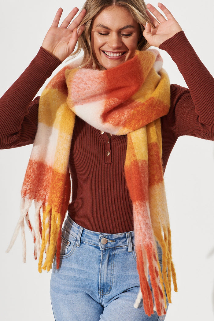 August + Delilah Brooklyn Knit Scarf In Multi Tangerine Check - front