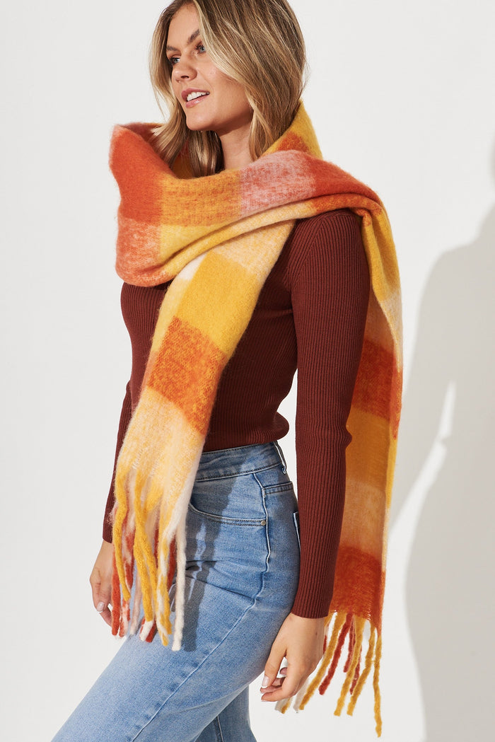 August + Delilah Brooklyn Knit Scarf In Multi Tangerine Check - side