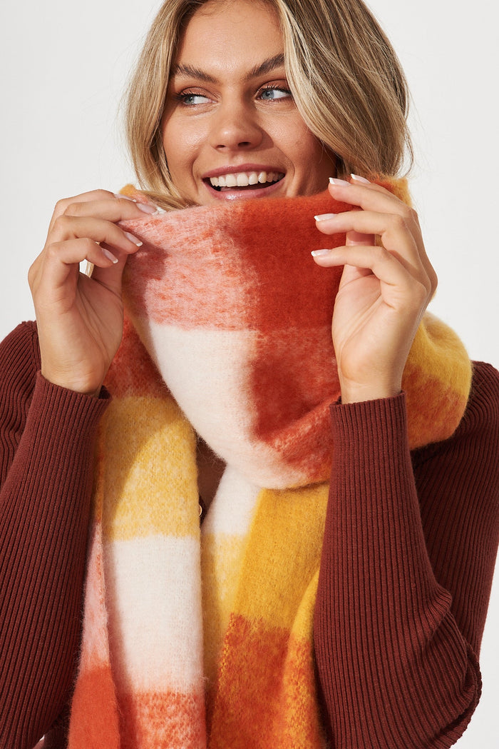 August + Delilah Brooklyn Knit Scarf In Multi Tangerine Check - detail