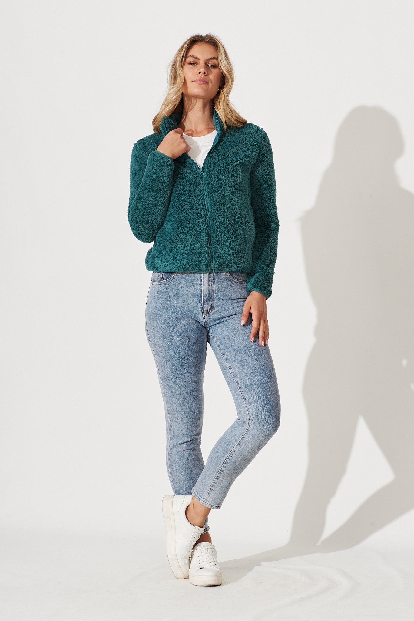 Linea Fluffy Jacket In Teal - full length