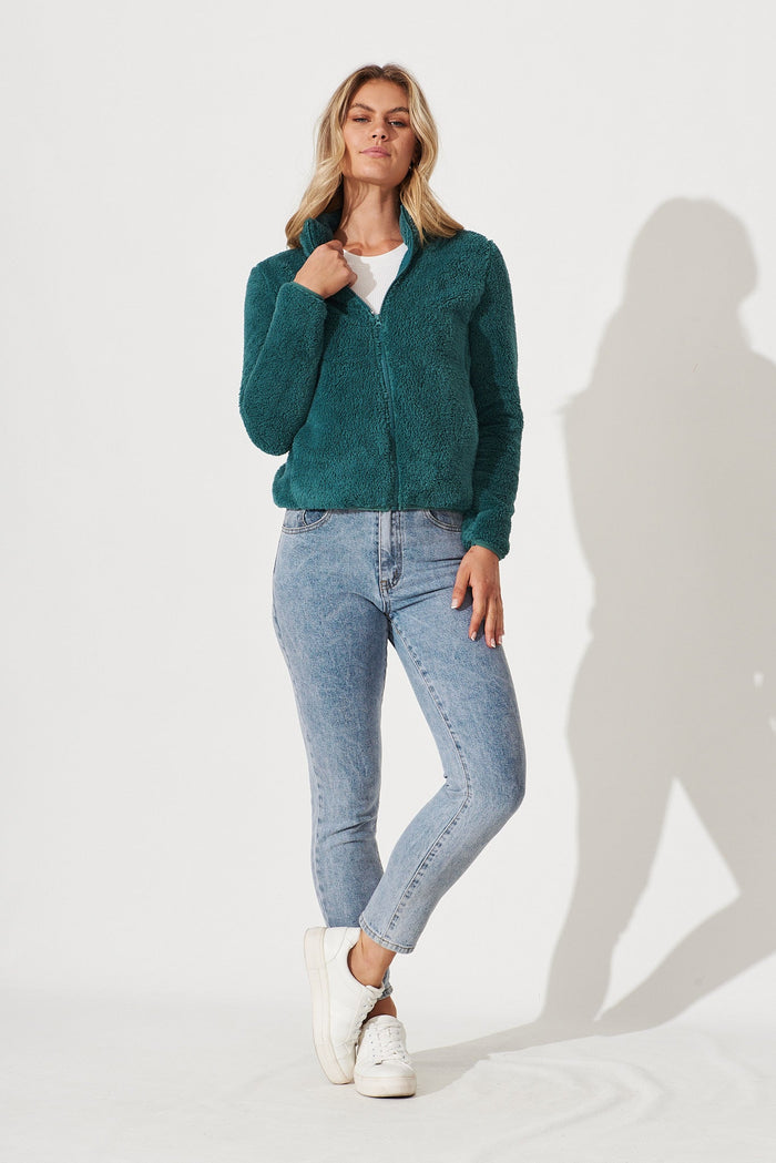 Linea Fluffy Jacket In Teal - full length