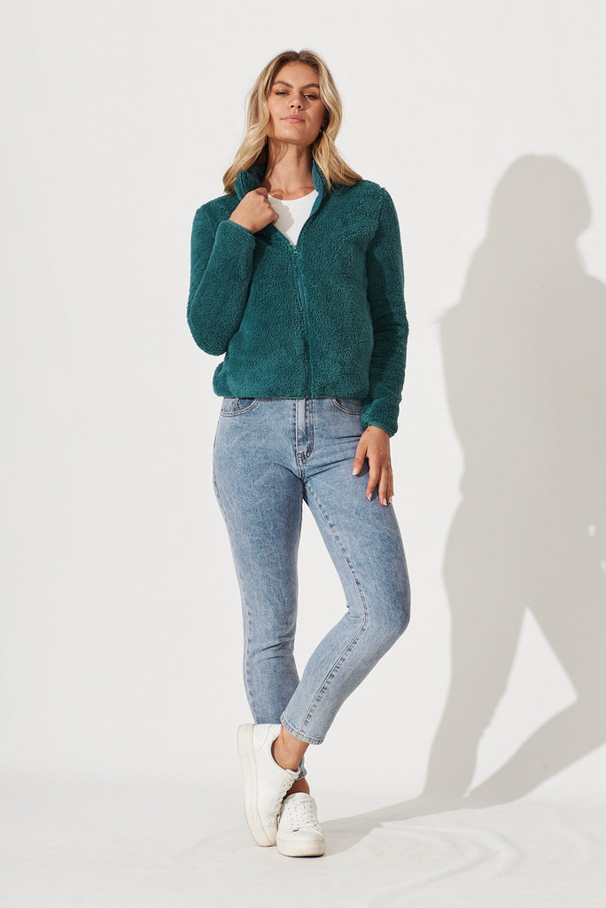 Linea Fluffy Jacket In Teal - full length
