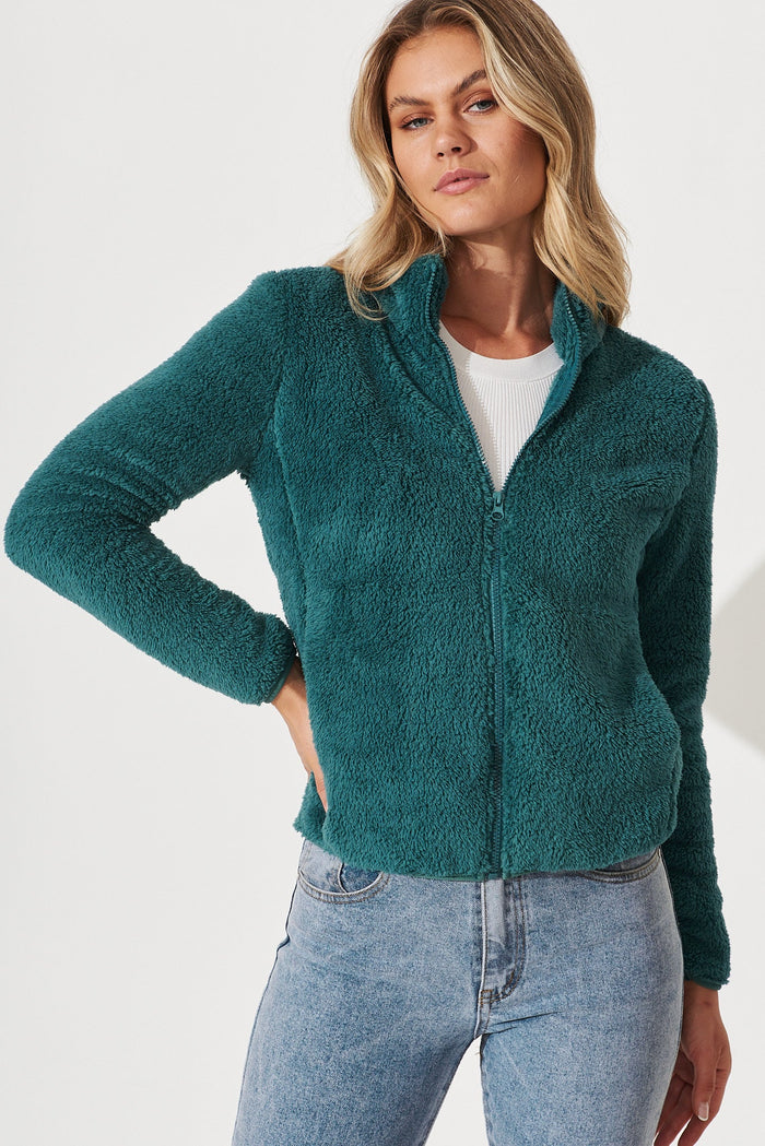 Linea Fluffy Jacket In Teal - front