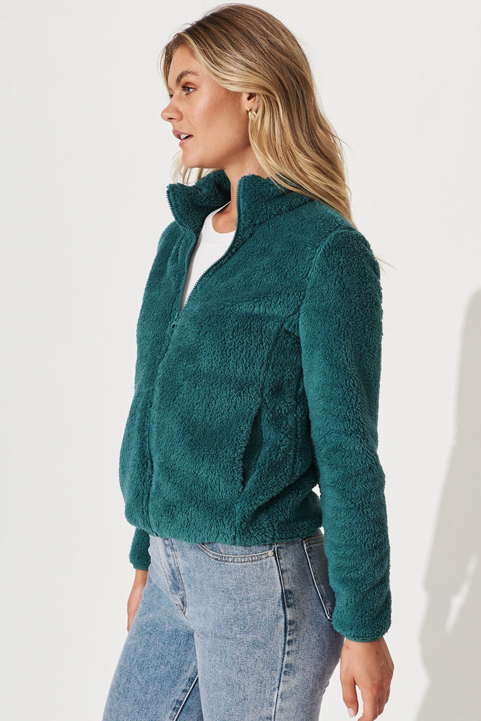 Linea Fluffy Jacket In Teal - side
