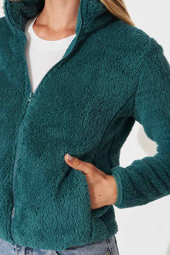 Linea Fluffy Jacket In Teal - detail
