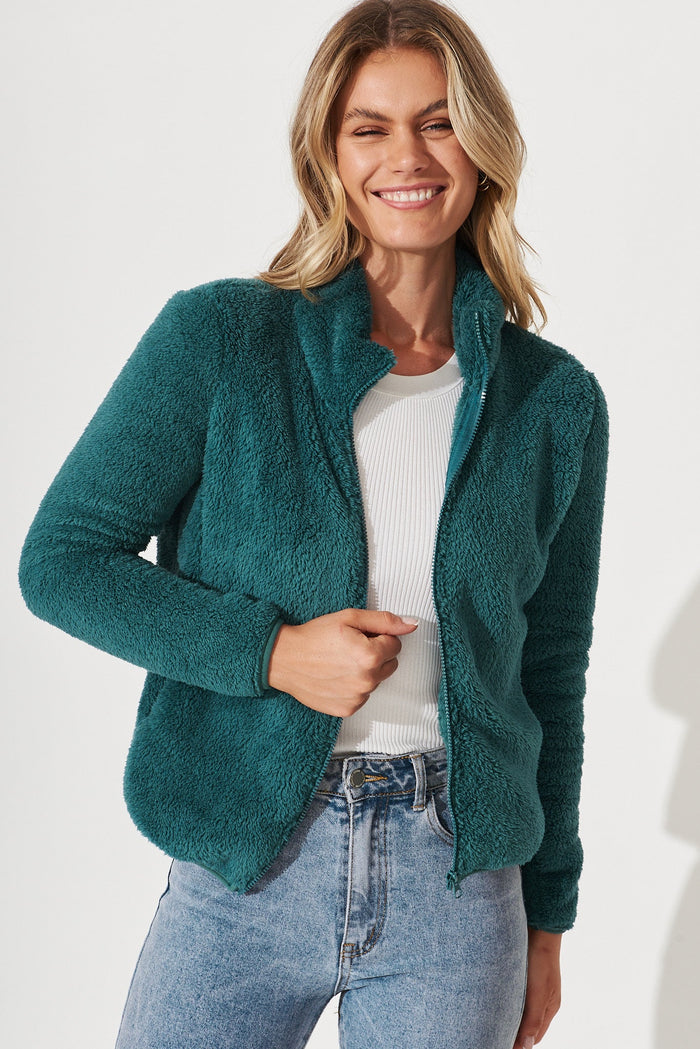 Linea Fluffy Jacket In Teal - front