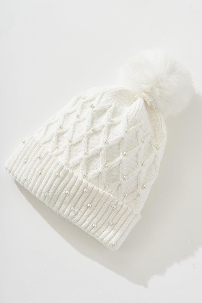 August + Delilah Delvaney Knit Beanie In White With Pearls - flatlay