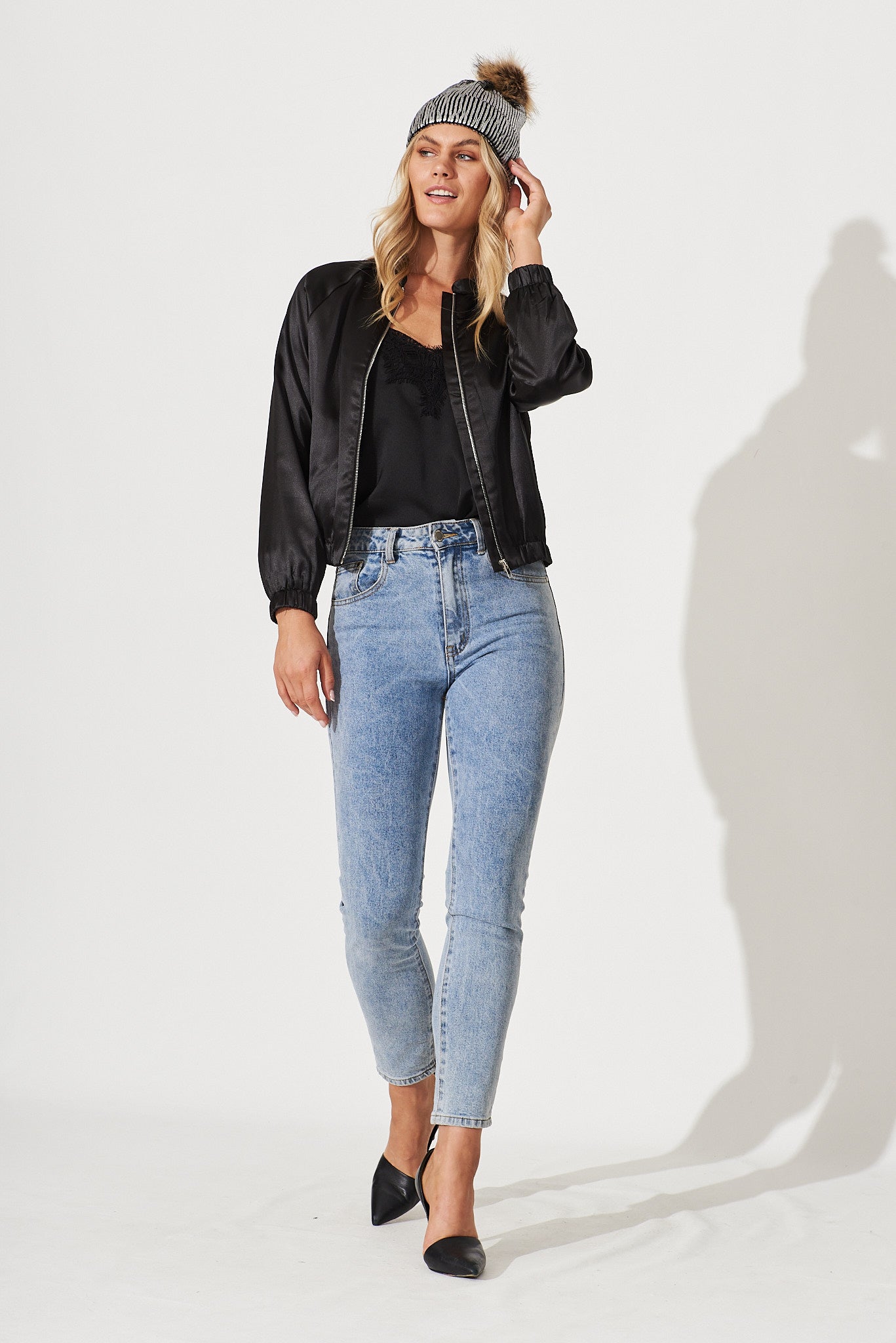 Montserrat Bomber Jacket In Black Satin - full length