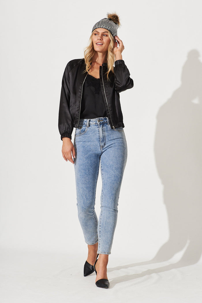 Montserrat Bomber Jacket In Black Satin - full length
