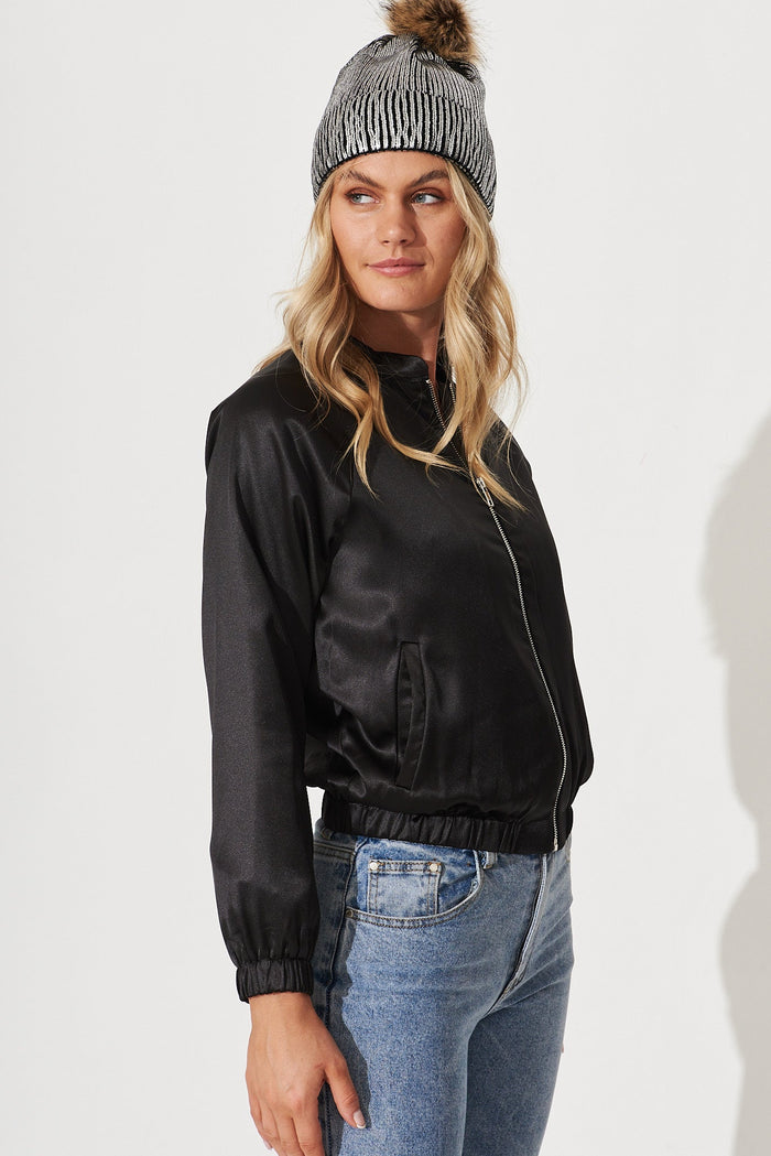 Montserrat Bomber Jacket In Black Satin - side