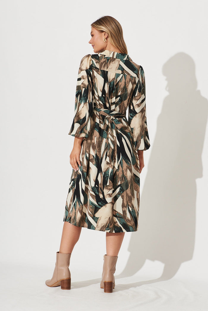 Neutral Bay Midi Shirt Dress In Cream With Black And Green Print - back