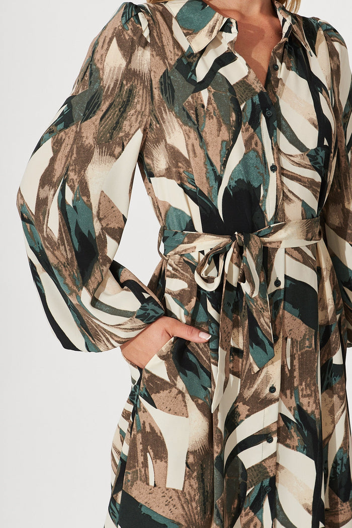 Neutral Bay Midi Shirt Dress In Cream With Black And Green Print - detail