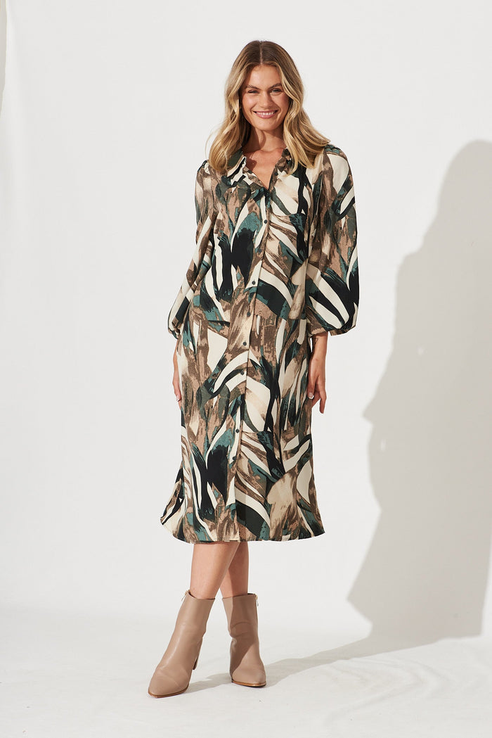 Neutral Bay Midi Shirt Dress In Cream With Black And Green Print - full length
