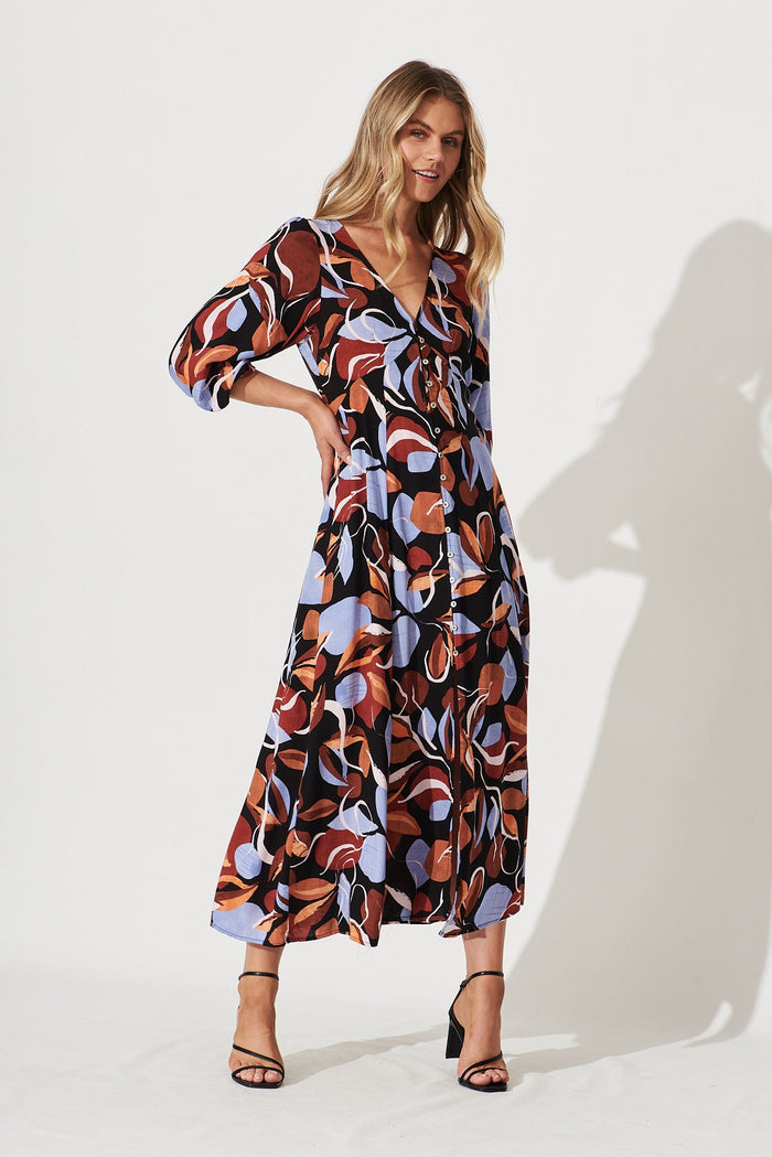 San Juan Maxi Dress In Black With Brown And Blue Leaf Print - full length