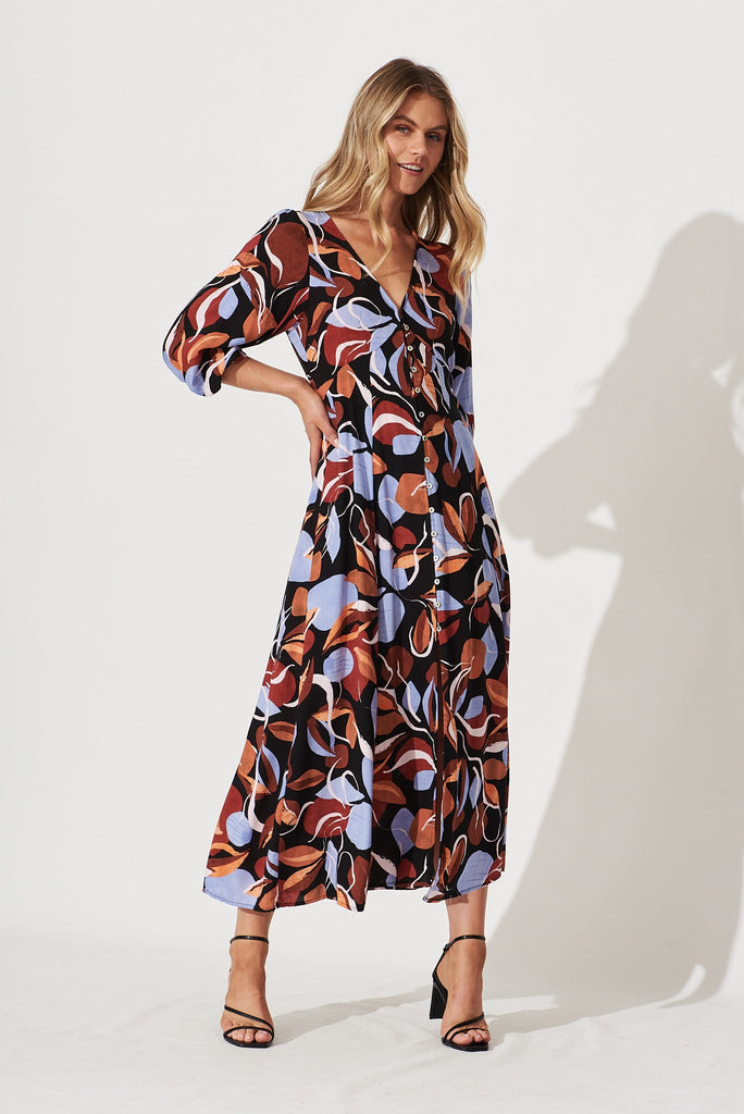 San Juan Maxi Dress In Black With Brown And Blue Leaf Print - full length