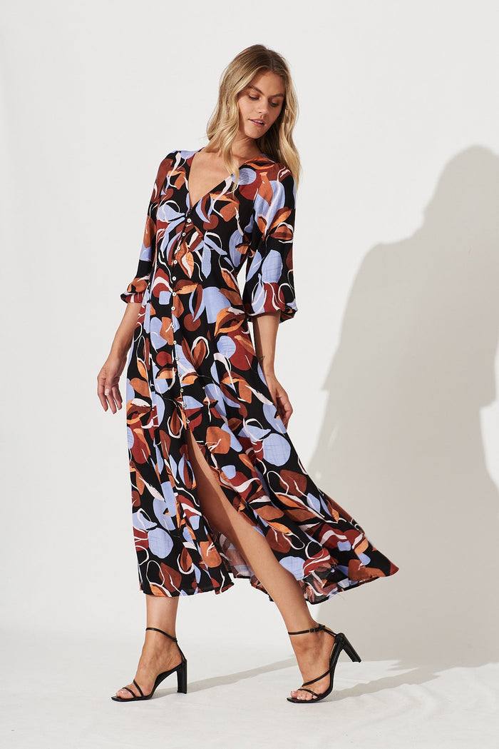 San Juan Maxi Dress In Black With Brown And Blue Leaf Print - side