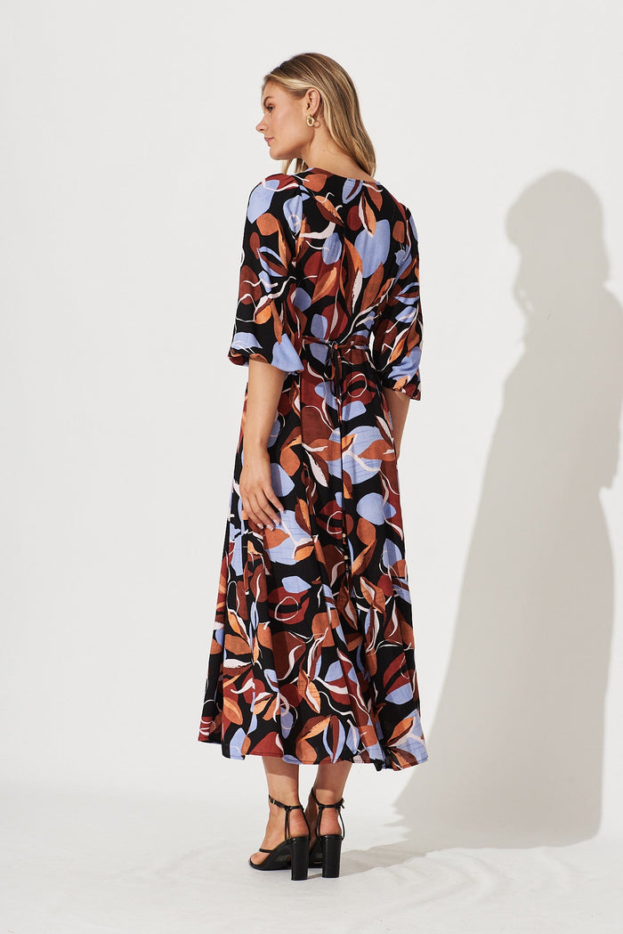 San Juan Maxi Dress In Black With Brown And Blue Leaf Print - back
