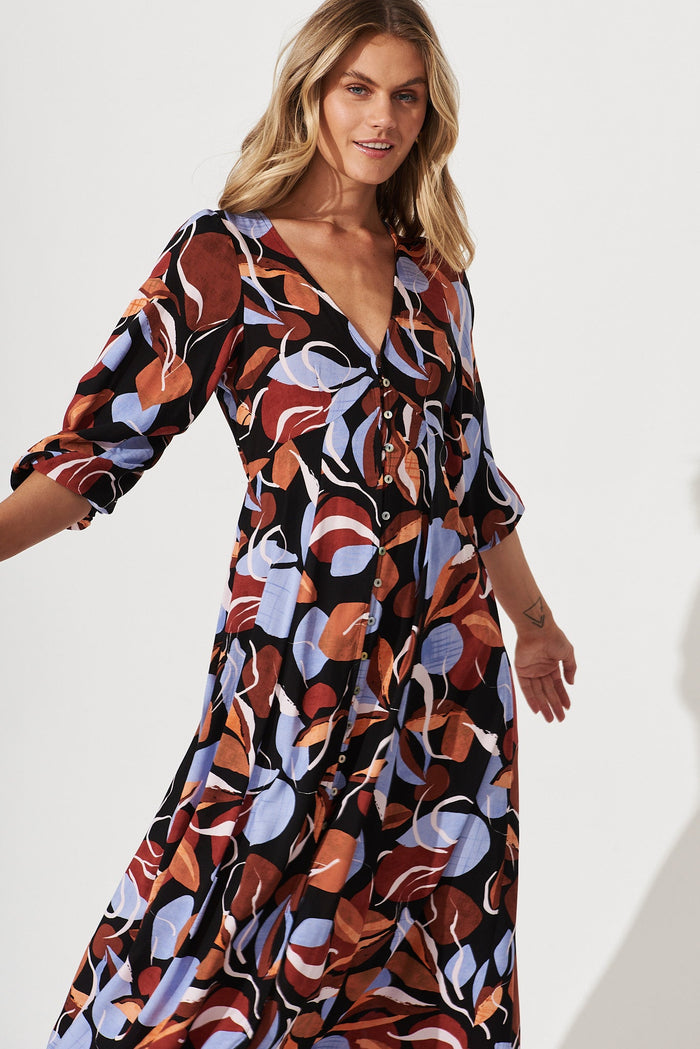 San Juan Maxi Dress In Black With Brown And Blue Leaf Print - front