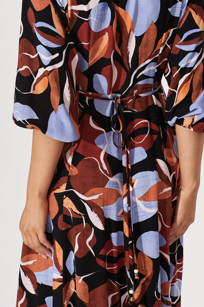 San Juan Maxi Dress In Black With Brown And Blue Leaf Print - detail