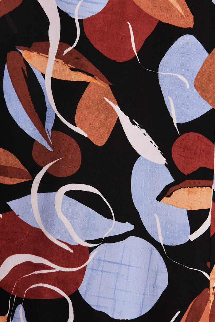 San Juan Maxi Dress In Black With Brown And Blue Leaf Print - fabric