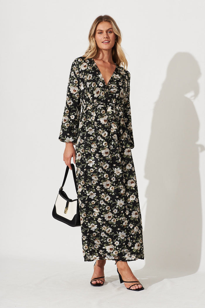 Trinidad Maxi Dress In Black With Beige And Green Floral Chiffon - full length