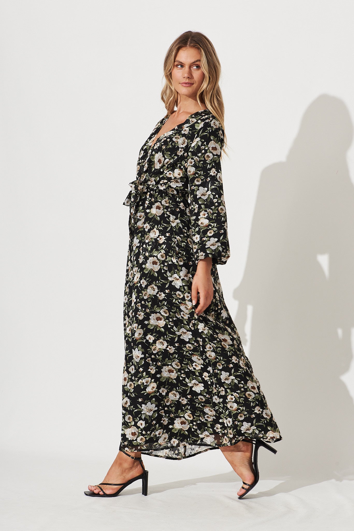 Trinidad Maxi Dress In Black With Beige And Green Floral Chiffon - side