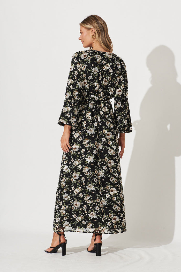 Trinidad Maxi Dress In Black With Beige And Green Floral Chiffon - back