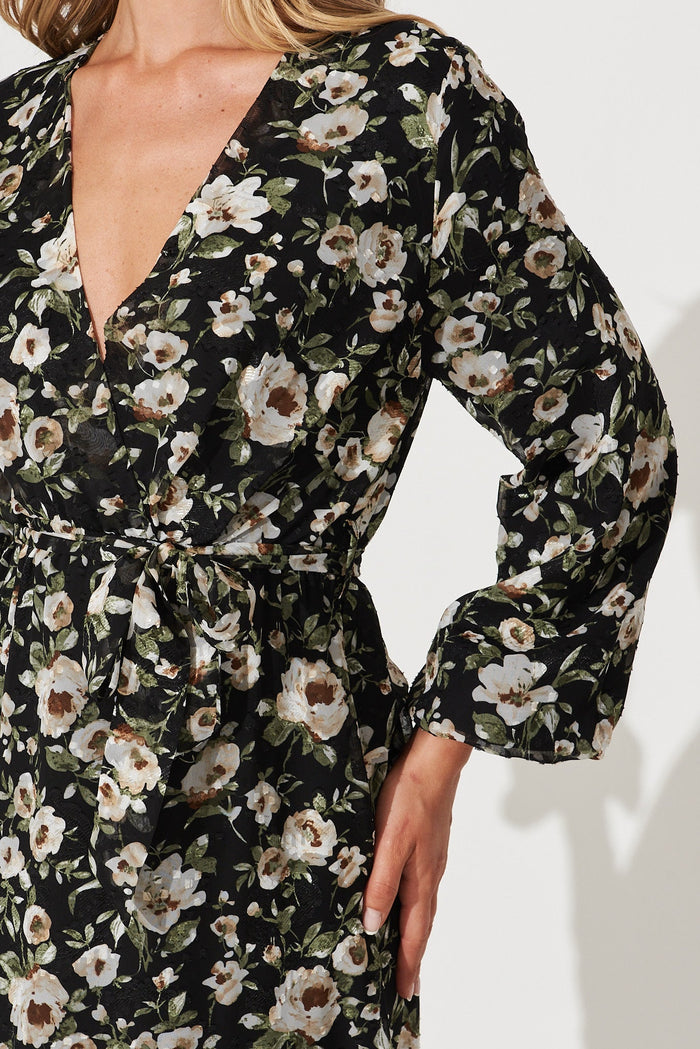 Trinidad Maxi Dress In Black With Beige And Green Floral Chiffon - detail