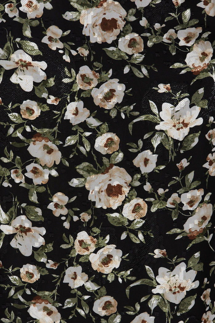 Trinidad Maxi Dress In Black With Beige And Green Floral Chiffon - fabric