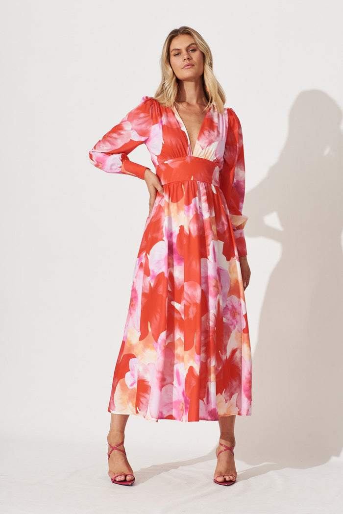 Jamaica Maxi Dress In Red With Lilac Floral Print - full length