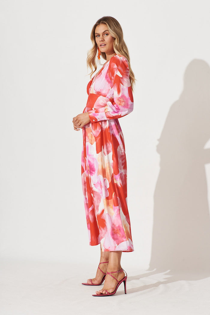 Jamaica Maxi Dress In Red With Lilac Floral Print - side
