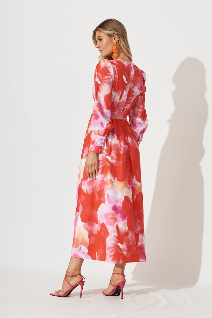 Jamaica Maxi Dress In Red With Lilac Floral Print - back