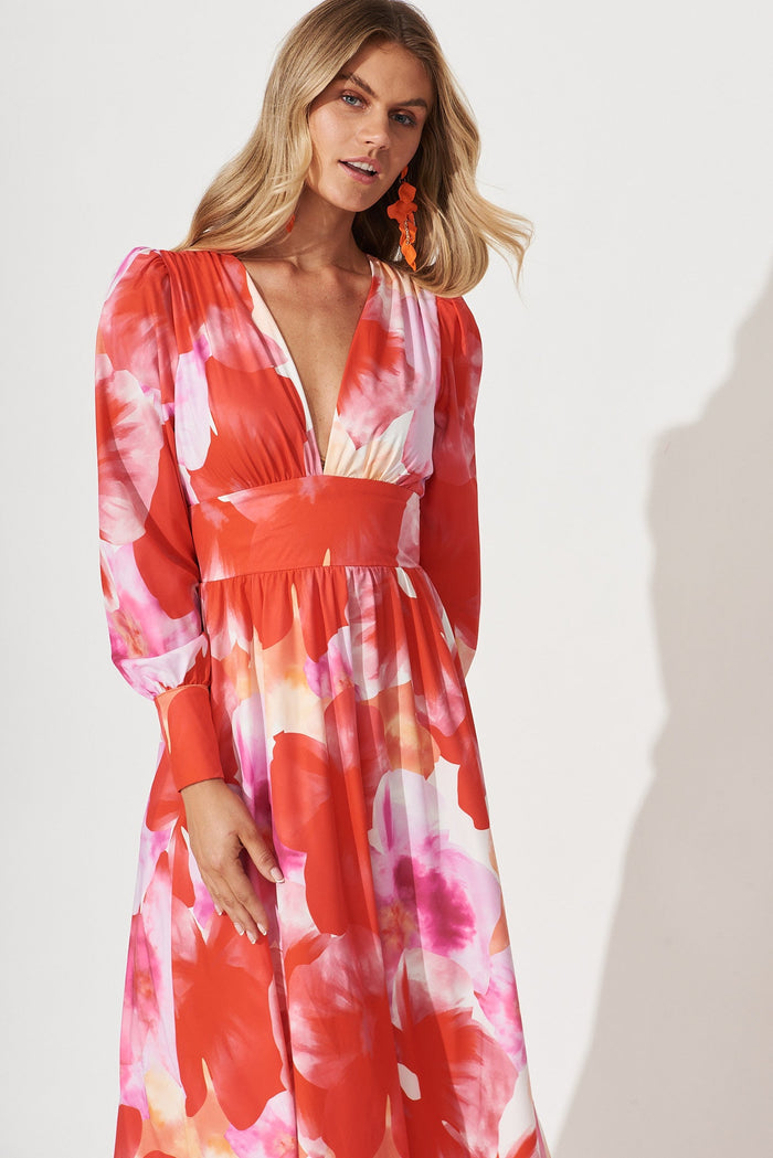 Jamaica Maxi Dress In Red With Lilac Floral Print - front