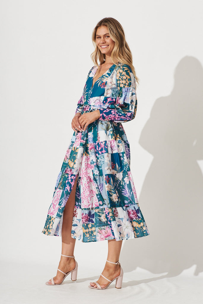 Hoffman Maxi Wrap Dress In Dark Green Patch Floral - side