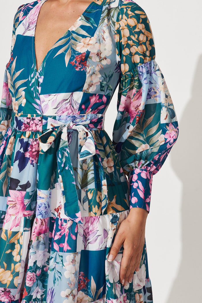 Hoffman Maxi Wrap Dress In Dark Green Patch Floral - detail