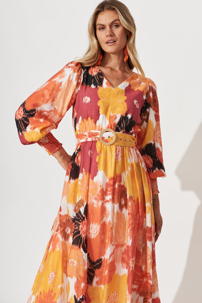 Lyford Maxi Dress In Red With Mustard Floral - front