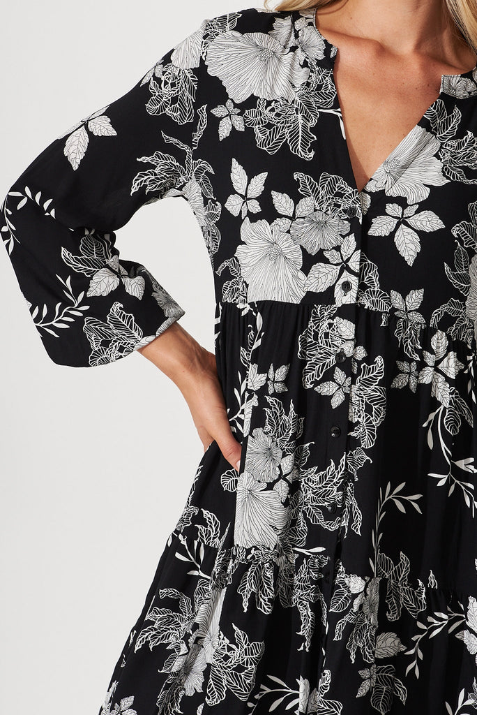 Cozumel Smock Dress In Black With White Floral Print - detail