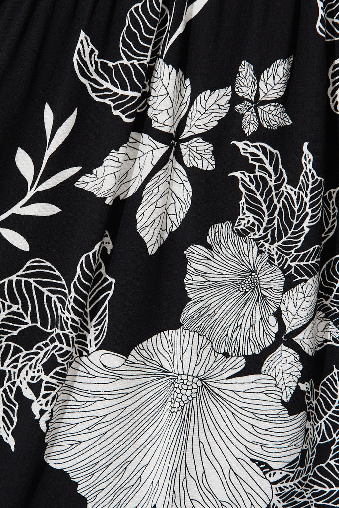 Cozumel Smock Dress In Black With White Floral Print - fabric